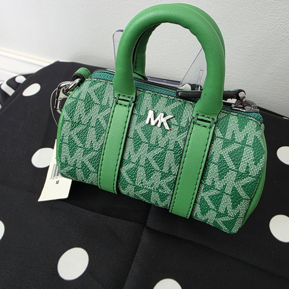 Michael Kors Green Jacquard Micro Duffle Bag Charm Keychain NWT Logo Mini Pouch - Picture 9 of 15